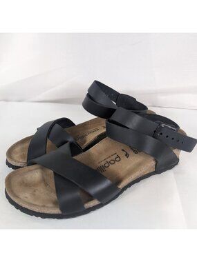 Papillio Birkenstock 38 7 Lola Platform Wedge Sandals Strappy Black Leather 245